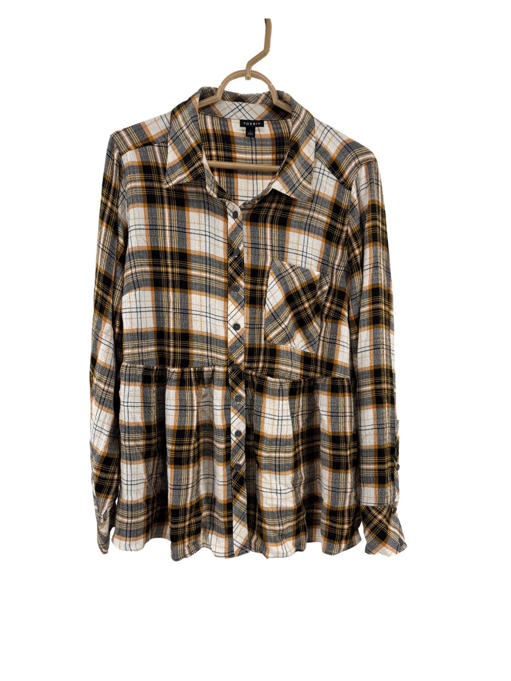 torrid Plaid Button-Down Shirt peplum flannel 1X casual fall long sleeve neutral